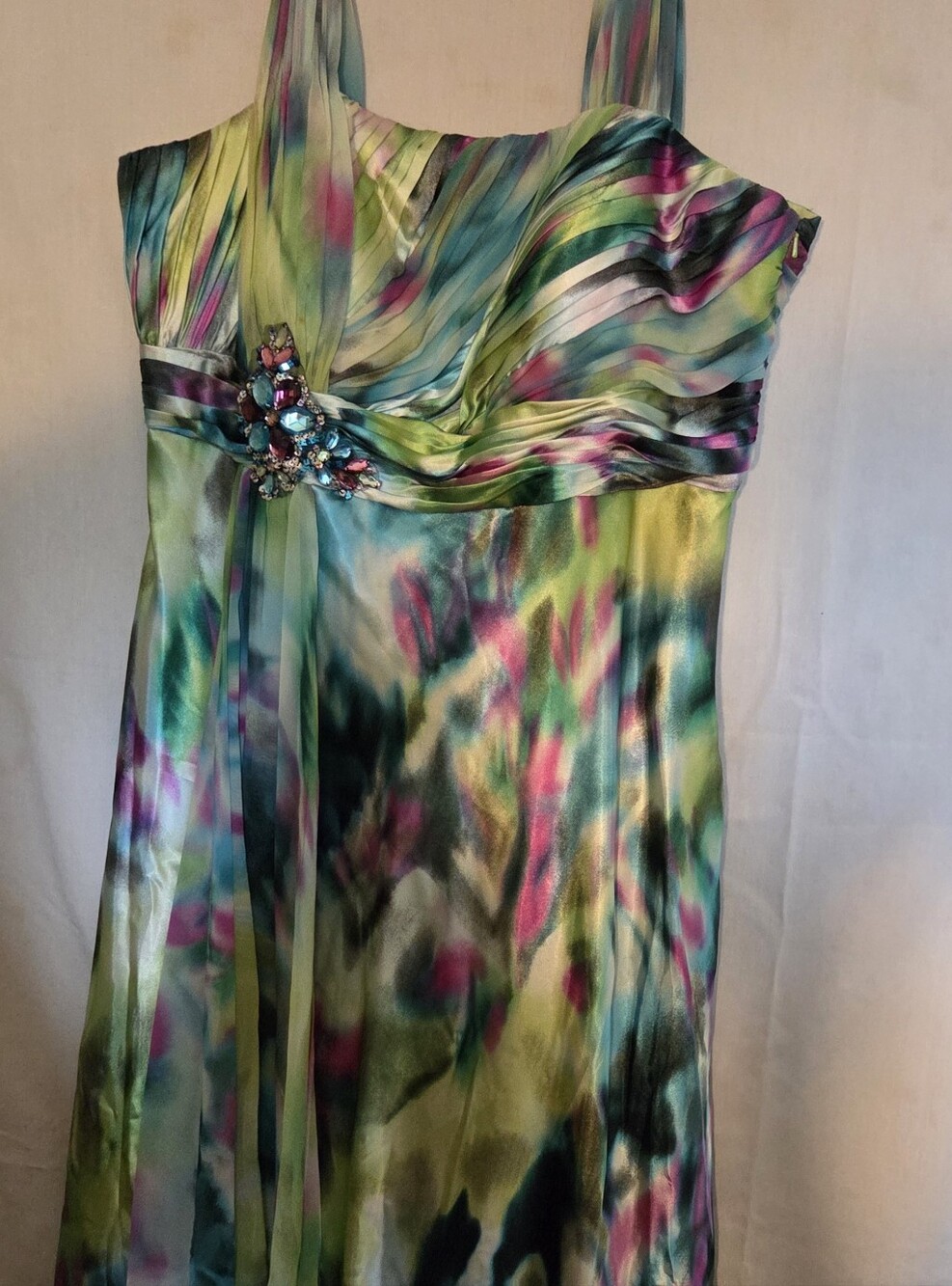 Watercolor Multicolor Sleeveless Prom Dress with Jewel Accent